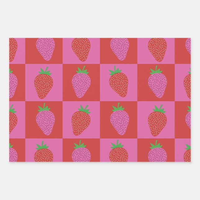 Checkered Pink and Red Strawberries Pattern  Wrapping Paper Sheets (Front)