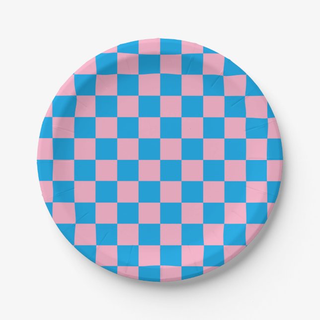 Checkered Pink and Turquoise Paper Plates (Front)