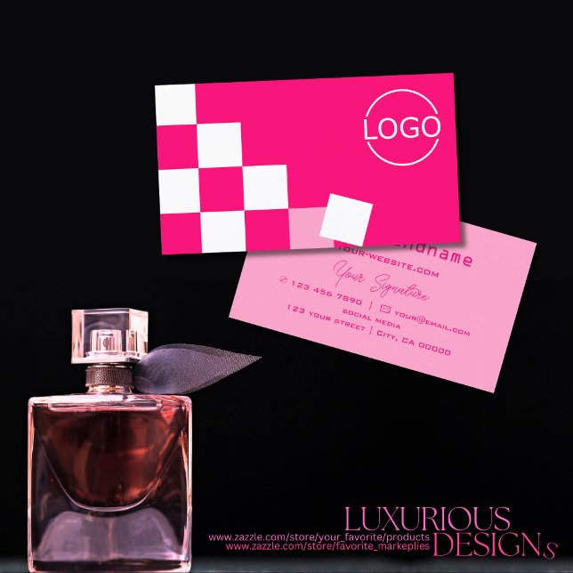 Checkered Pink and White Modern with Logo Stylish Business Card (Creator Uploaded)