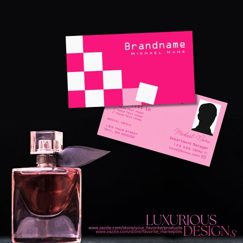 Checkered Pink and White Modern with Photo Stylish Business Card