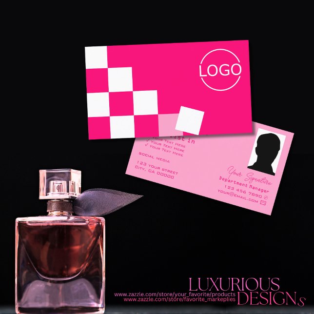 Checkered Pink and White with Logo & Photo Stylish Business Card (Creator Uploaded)