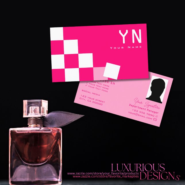 Checkered Pink and White with Monogram & Photo Business Card (Creator Uploaded)
