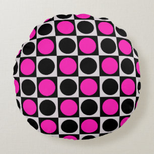 Checkered Pink Black Circle Pattern Design  Round Pillow