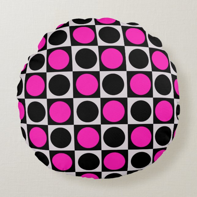 Checkered Pink Black Circle Pattern Design  Round Pillow (Front)