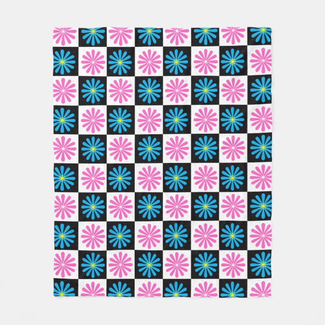 Checkered Pink Blue Floral Design  Fleece Blanket (Front)