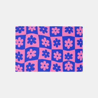 Checkered Pink Blue Retro Warped Flowers Rug