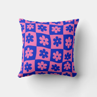 Checkered Pink Blue Retro Warped Flowers Throw Pillow