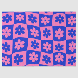 Checkered Pink Blue Retro Warped Flowers Tissue Paper