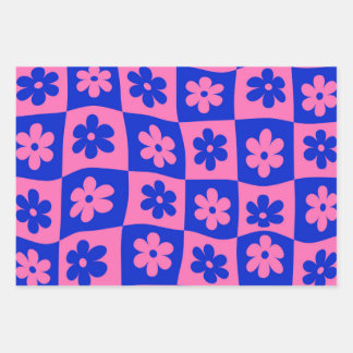 Checkered Pink Blue Retro Warped Flowers Wrapping Paper Sheets