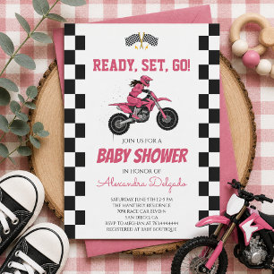 Checkered Pink Girls Dirt Bike Baby Shower Invitation