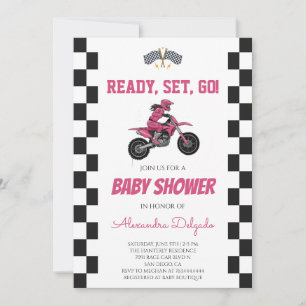 Checkered Pink Girls Dirt Bike Baby Shower Invitation