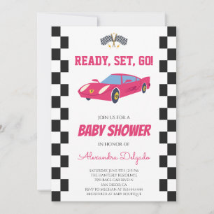 Checkered Pink Girls Race Car Baby Shower Invitation