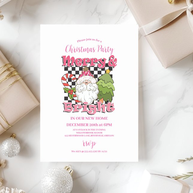 Checkered Pink Merry & Bright Christmas Party Invitation (Creator Uploaded)