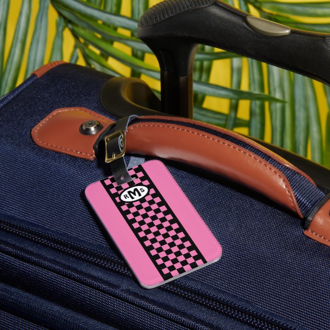 Checkered Pink Monogram Luggage Tag (Front Insitu 1)