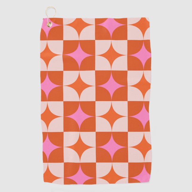 Checkered Pink Orange Mid Century Starbursts  Golf Towel (Front)