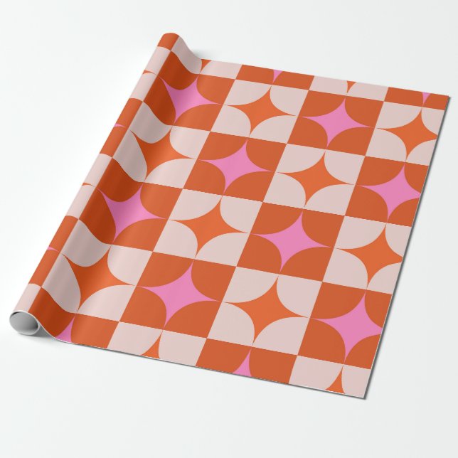 Checkered Pink Orange Mid Century Starbursts  Wrapping Paper (Unrolled)