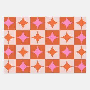 Checkered Pink Orange Mid Century Starbursts Wrapping Paper Sheets