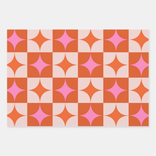 Checkered Pink Orange Mid Century Starbursts  Wrapping Paper Sheets