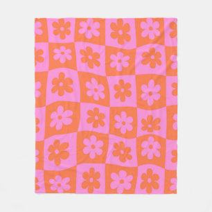 Checkered Pink Orange Retro Warped Flowers Fleece Blanket