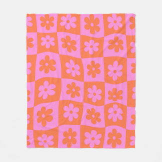 Checkered Pink Orange Retro Warped Flowers Fleece Blanket