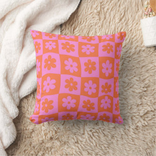 Checkered Pink Orange Retro Warped Flowers  Throw Pillow