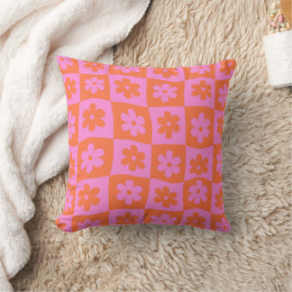 Checkered Pink Orange Retro Warped Flowers Throw Pillow