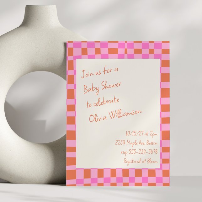 Checkered Pink Orange Script Cute Baby Shower Invitation (Creator Uploaded)