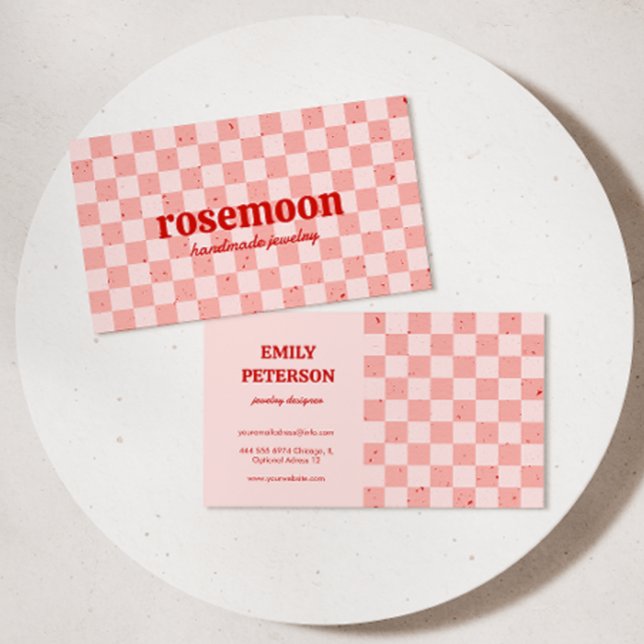 Checkered Pink Red Retro Business Card (Creator Uploaded)