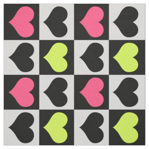Checkered Pink Yellow Black Hearts Love Fabric