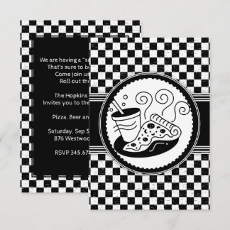 Checkered Pizza-Party Black-White Pattern Invitation