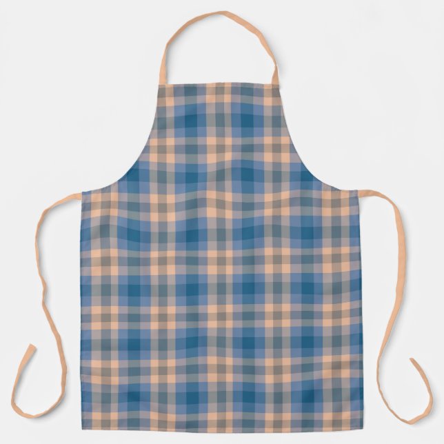 Checkered Plaid Beige Blue Gray And Peach Apron (Front)