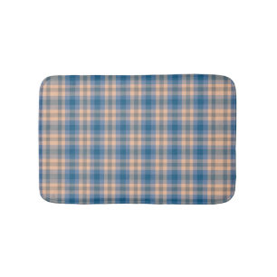 Checkered Plaid Beige Blue Gray And Peach Bath Mat