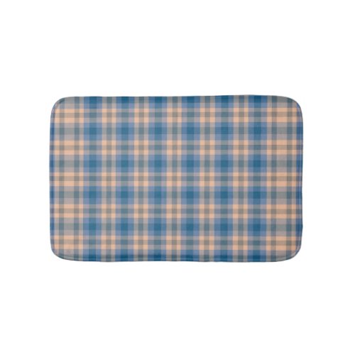 Checkered Plaid Beige Blue Gray And Peach Bath Mat