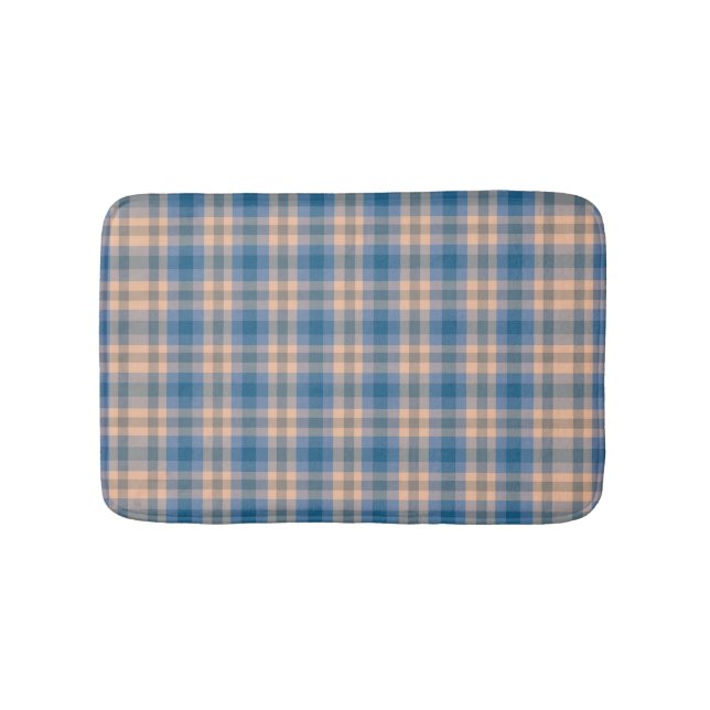 Checkered Plaid Beige Blue Gray And Peach Bath Mat (Front)