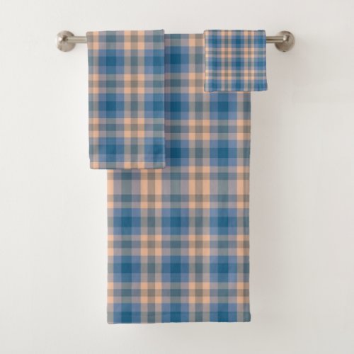 Checkered Plaid Beige Blue Gray And Peach Bath Towel Set