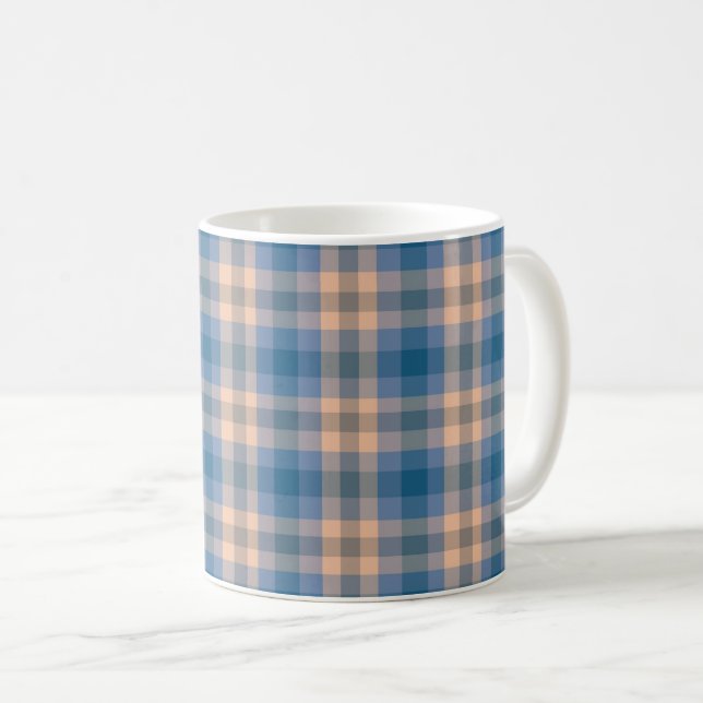Checkered Plaid Beige Blue Gray And Peach Coffee Mug (Front Right)