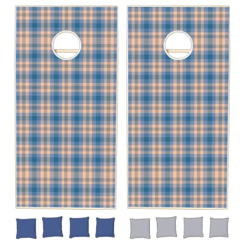 Checkered Plaid Beige Blue Gray And Peach Cornhole Set