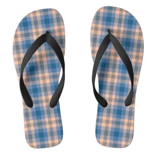 Checkered Plaid Beige Blue Gray And Peach Flip Flops