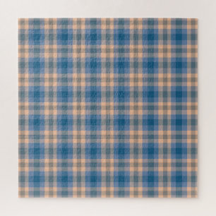 Checkered Plaid Beige Blue Gray And Peach Jigsaw Puzzle