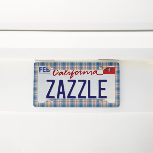 Checkered Plaid Beige Blue Gray And Peach License Plate Frame