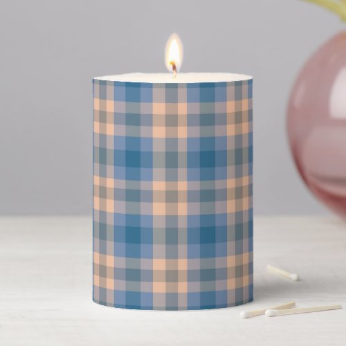 Checkered Plaid Beige Blue Gray And Peach Pillar Candle