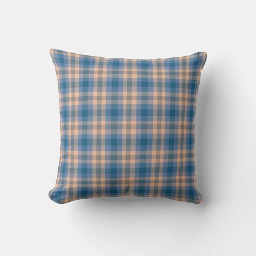 Checkered Plaid Beige Blue Gray And Peach Throw Pillow