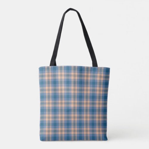 Checkered Plaid Beige Blue Gray And Peach Tote Bag