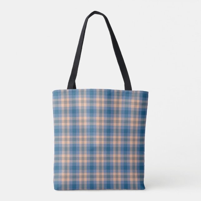 Checkered Plaid Beige Blue Gray And Peach Tote Bag (Back)
