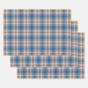 Checkered Plaid Beige Blue Gray And Peach Wrapping Paper Sheets