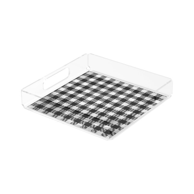 Checkered Plaid Black And White Acrylic Tray (Angled)
