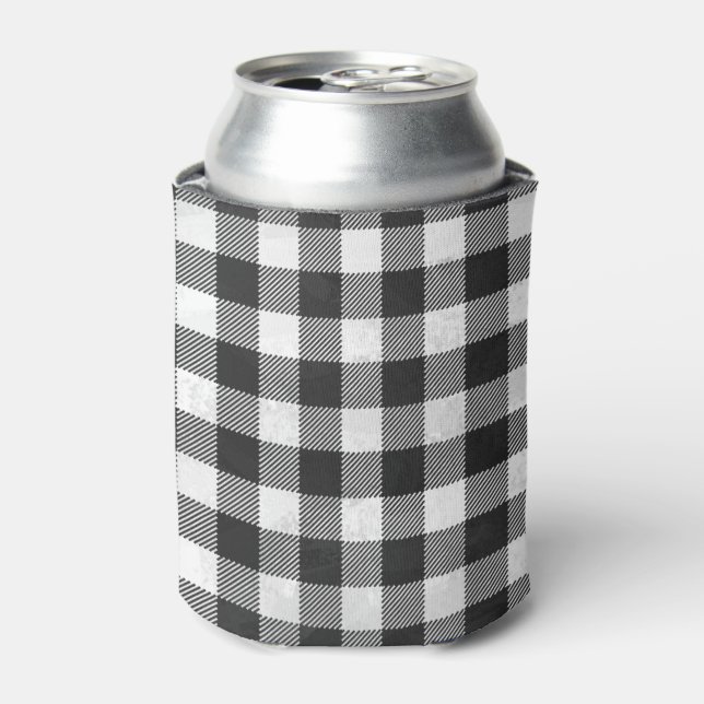 Checkered Plaid Black And White Can Cooler (Can Front)