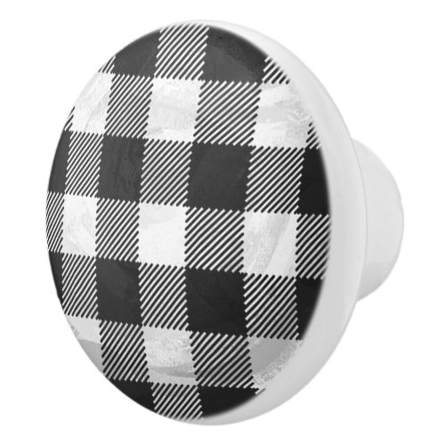 Checkered Plaid Black And White Ceramic Knob
