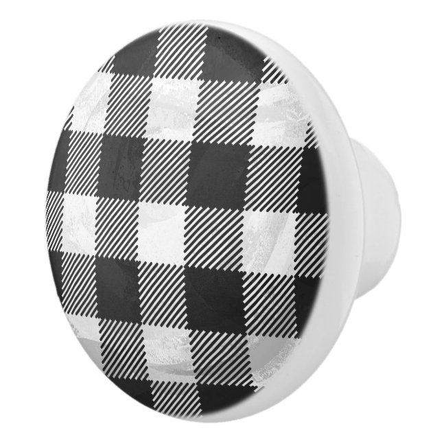 Checkered Plaid Black And White Ceramic Knob (Right)