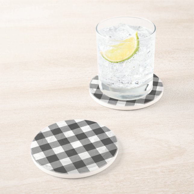 Checkered Plaid Black And White Coaster (Side)
